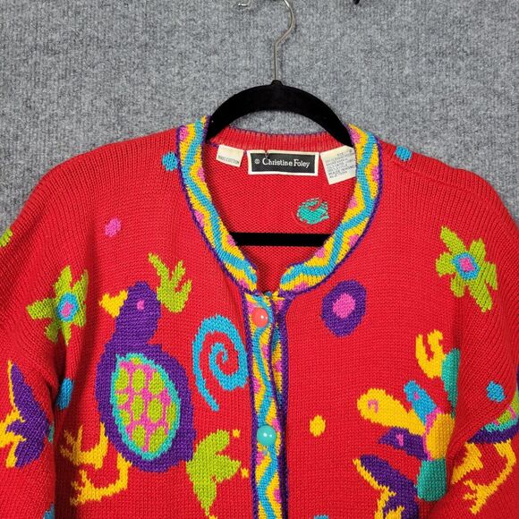 CHRISTINE FOLEY Vintage Red Artsy Folk Bird Knitted Art To Wear Cardigan SIZE 2 - Picture 3 of 13